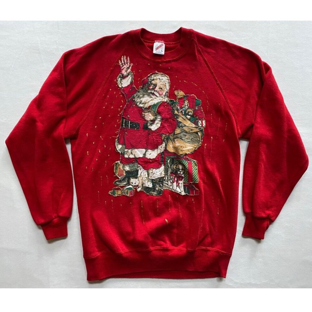Ladies Vintage Christmas Sweatshirt Red Retro 80s Pullover Sweater Womens Santa